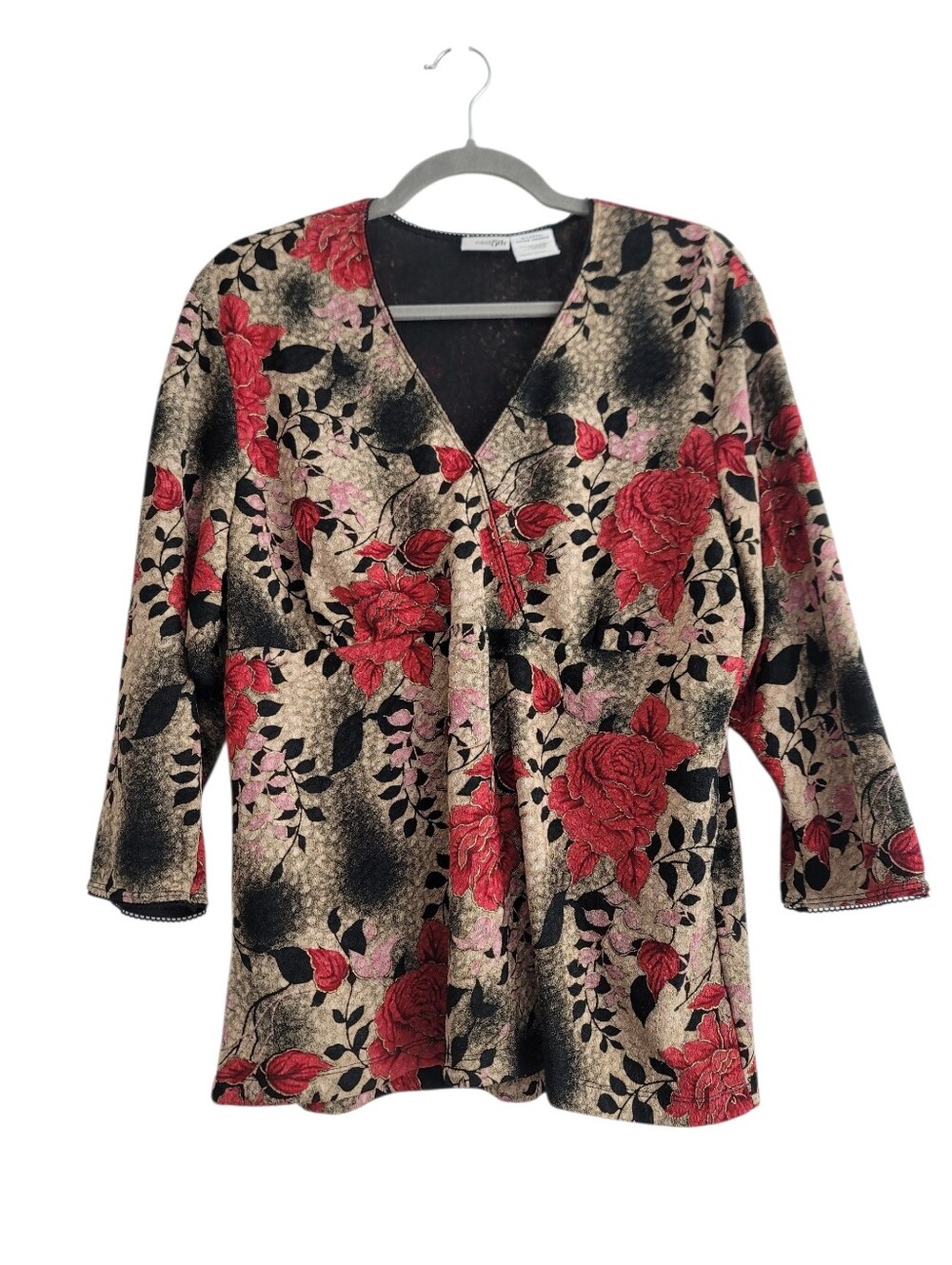 VTG Y2K Rose Surplice Babydoll XL East5th Floral Blouse Top 3/4 Sleeve‎ Shirt